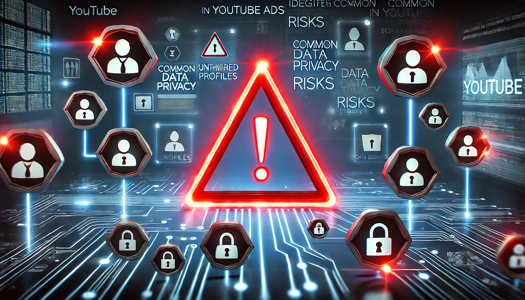 A glowing red warning triangle surrounded by digital icons like user profiles, data streams, and locks, symbolizing common data privacy risks in YouTube advertising.