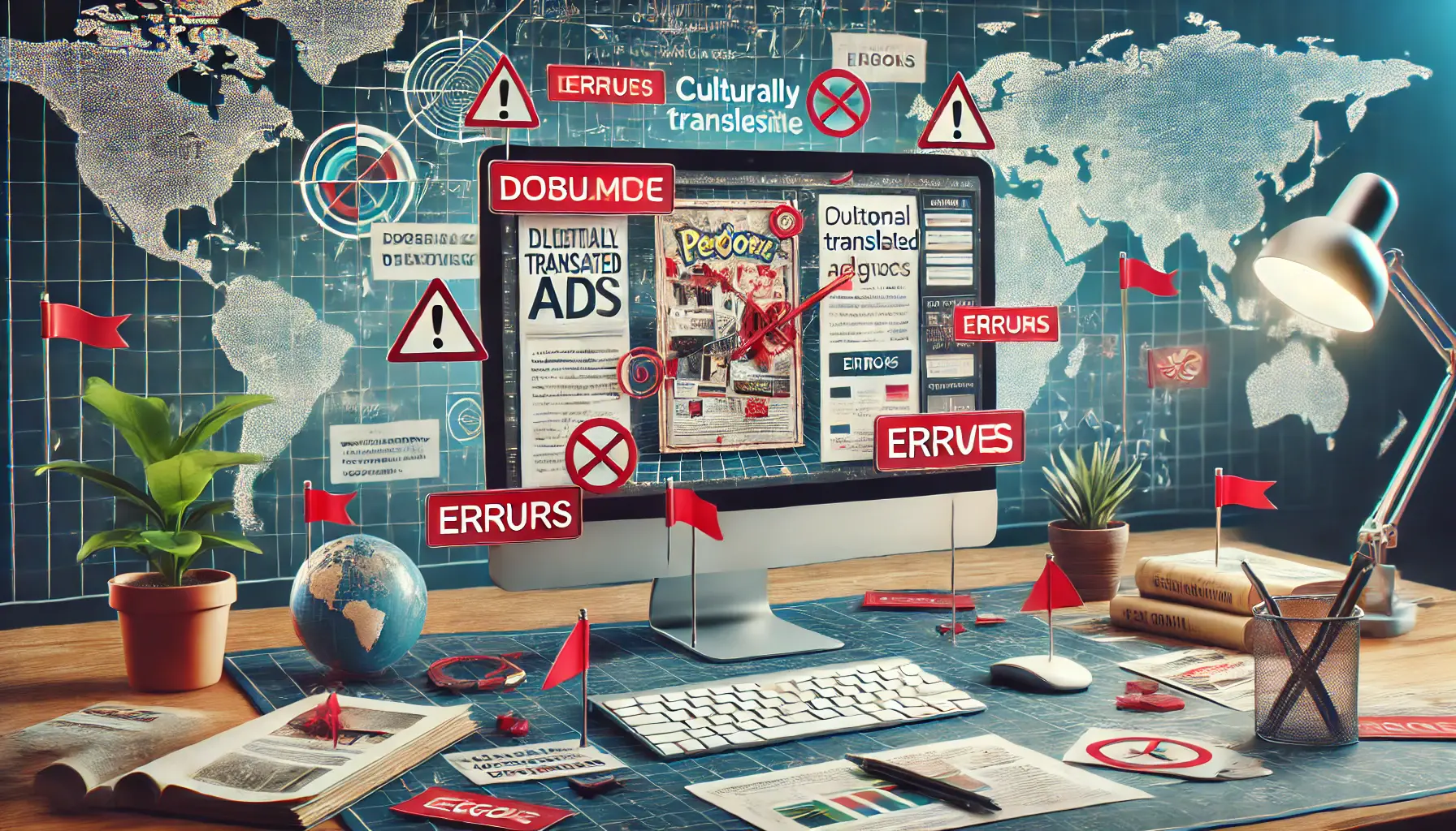 Workspace with a computer showing a problematic ad with mistranslations and culturally insensitive visuals.