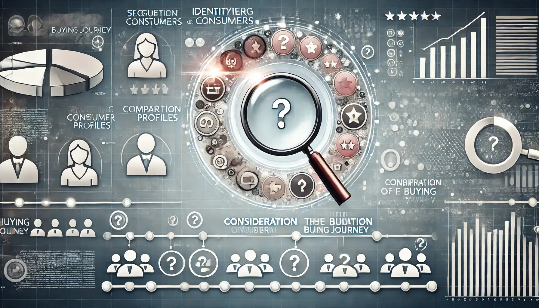 Abstract image showing a magnifying glass over segmented consumer profiles with a timeline graphic and icons like comparison charts and stars.