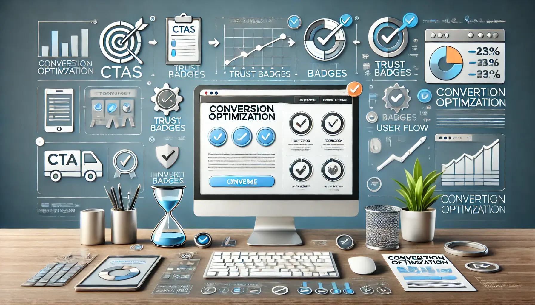 A professional workspace showing a computer screen with a landing page featuring highlighted CTAs, trust badges, and simplified forms, surrounded by performance metrics and optimization icons.