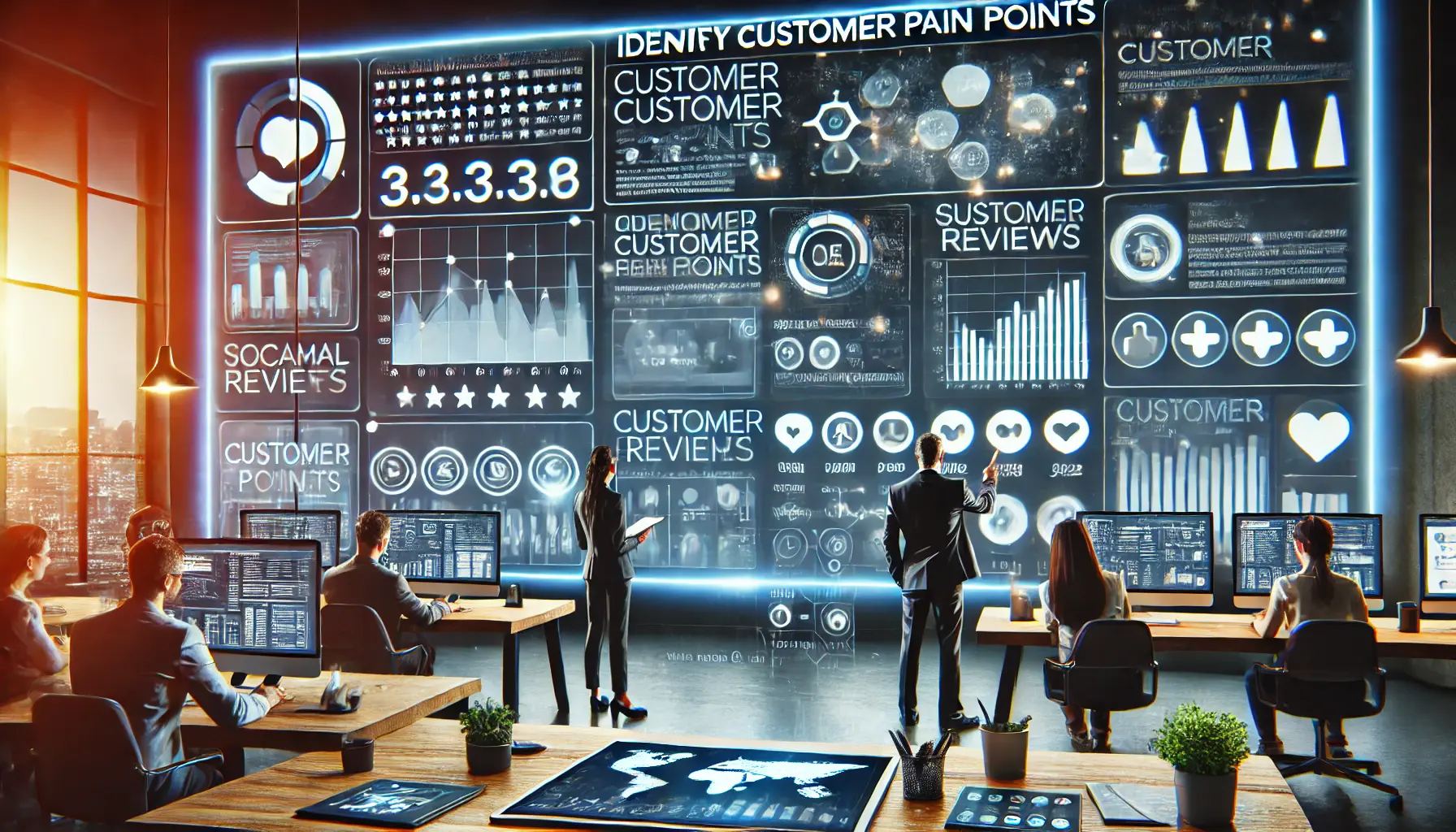 Marketing team analyzing customer feedback, surveys, and social media comments on a digital dashboard.