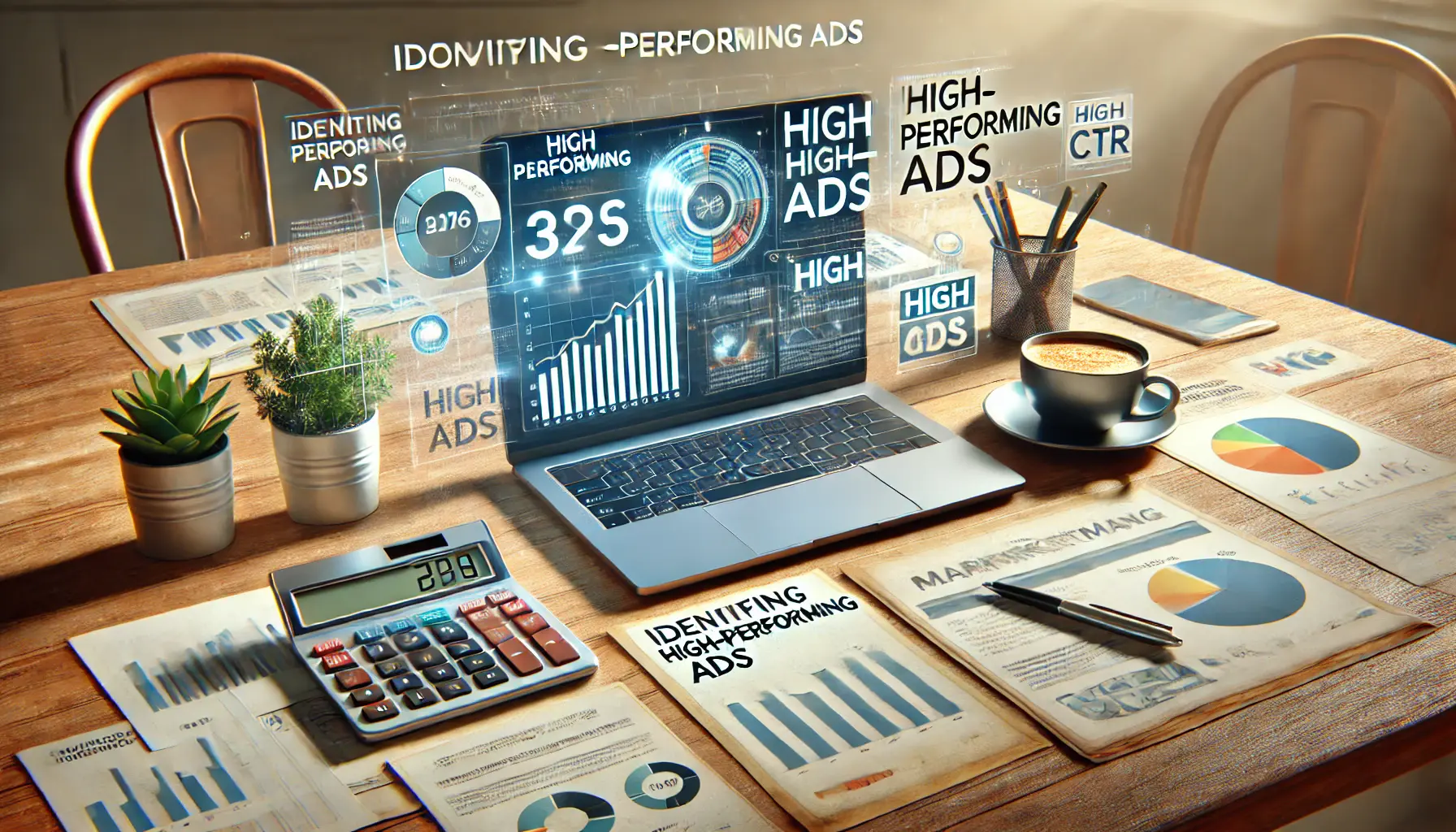 A workspace with a laptop displaying high-performing ad analytics, emphasizing the identification of successful ads through performance metrics.