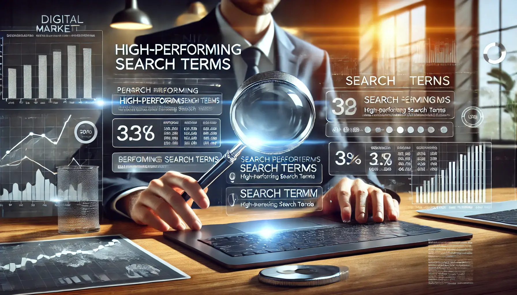 A digital marketing professional analyzing high-performing search terms on a laptop, surrounded by performance graphs and analytics charts.