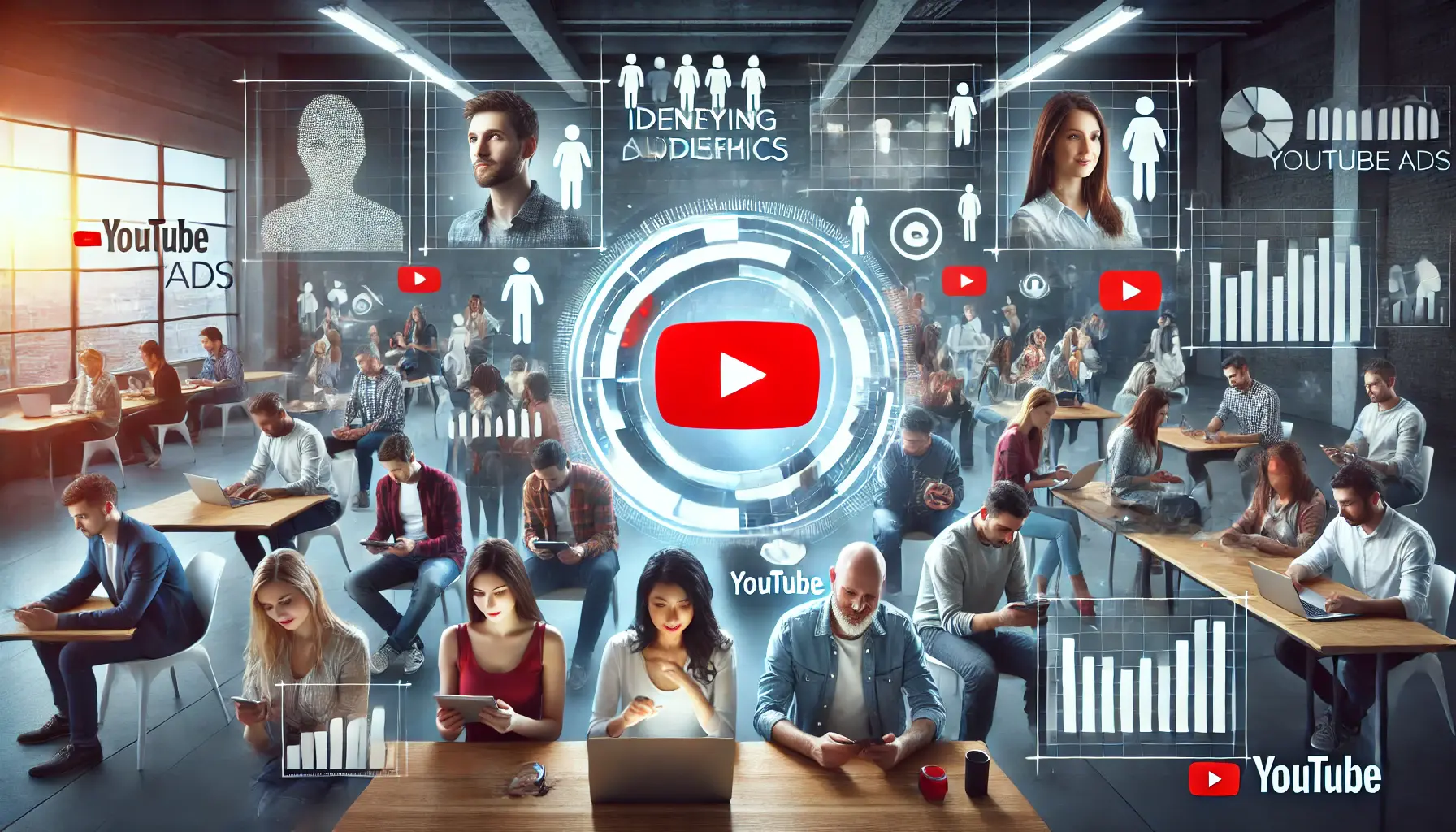 A visual representation of identifying key audience demographics for YouTube ads, featuring diverse groups of people based on age, gender, and location engaging with digital content.