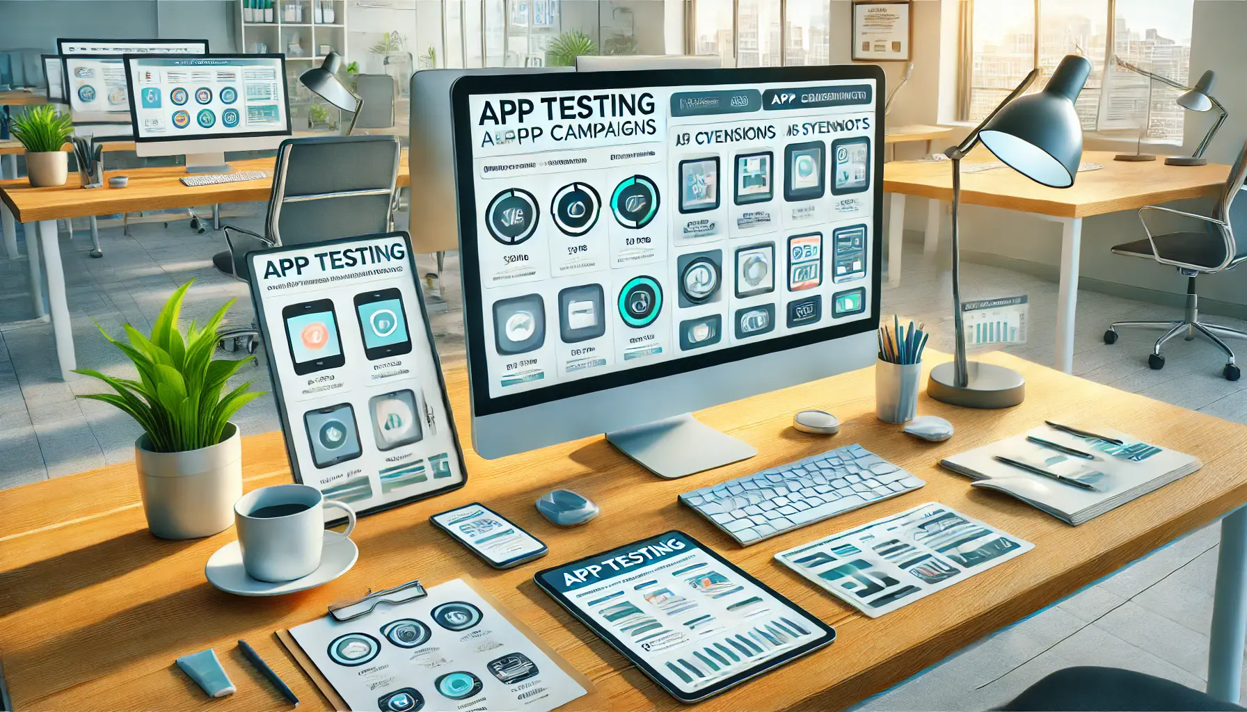 A workspace with a computer displaying various elements for app testing, comparing app visuals like icons, screenshots, and in-app features.