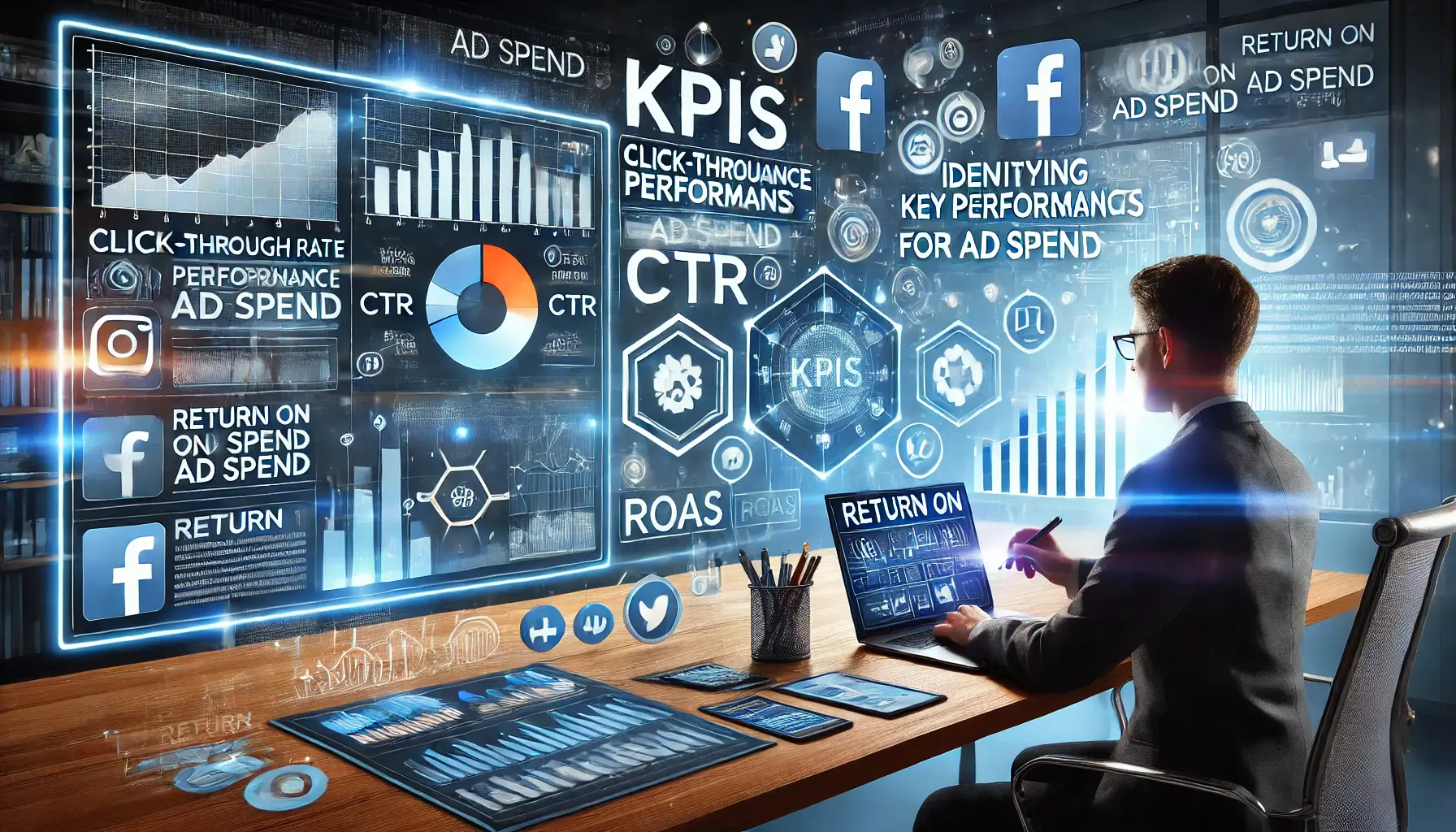 A digital illustration of a high-tech workspace with a large screen displaying key ad performance metrics like click-through rate (CTR), conversion rate, and return on ad spend (ROAS). A marketing professional analyzes real-time data with floating graphical elements such as charts and graphs.