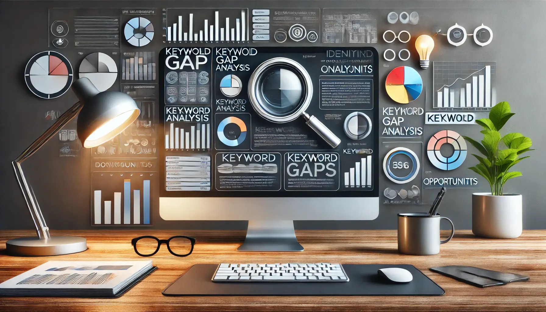 A modern workspace showing a computer screen with keyword gap analysis tools, including Venn diagrams and charts, surrounded by magnifying glass and light bulb icons symbolizing discovery.