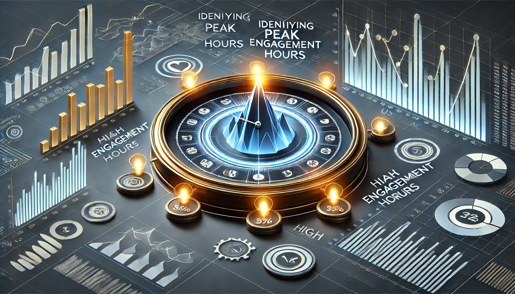 An image showing a clock with highlighted segments and analytics graphs, symbolizing the identification of peak engagement hours.