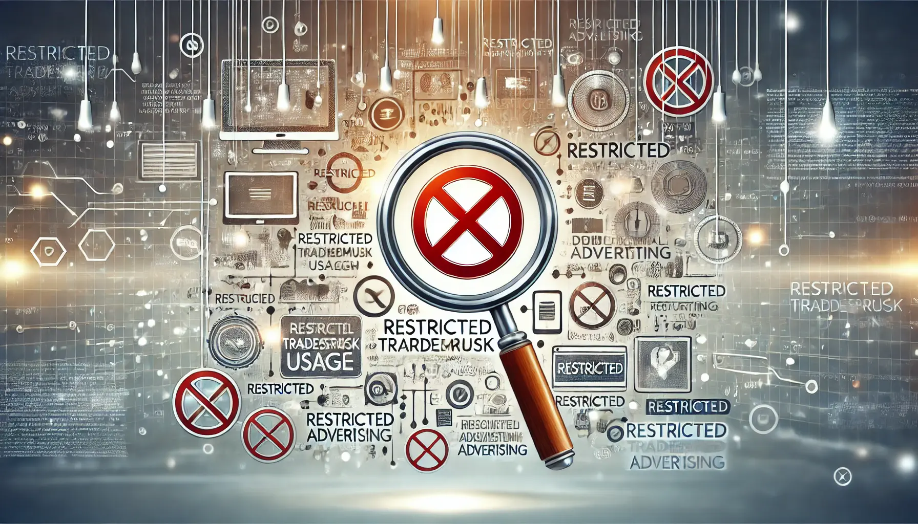 An abstract illustration of a magnifying glass highlighting restricted elements in digital ads.