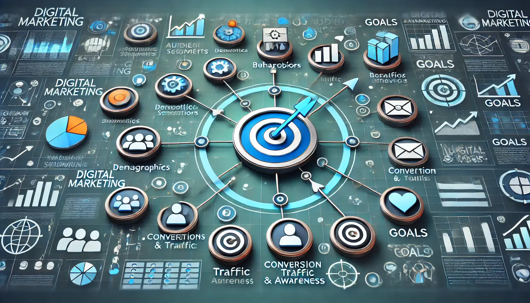 Image depicting the identification of target audience segments and goals, with interconnected icons for demographics, behaviors, and goals.