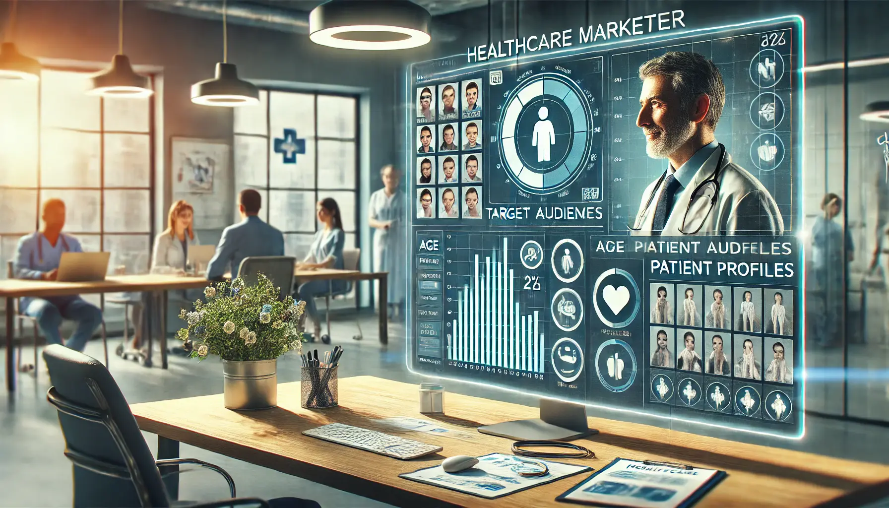 A healthcare marketer analyzing demographic data on a computer screen, showing charts of age, location, and interests, with medical elements in the environment.