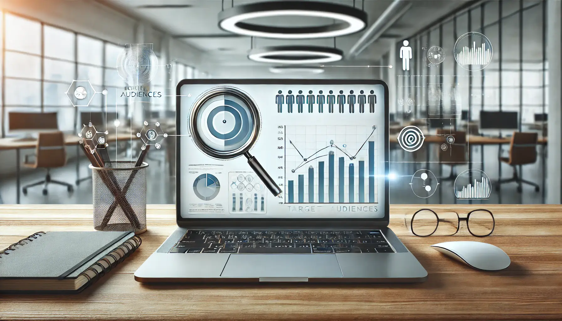 A professional workspace featuring a laptop with a graph displaying audience segments, surrounded by a magnifying glass, map, and target symbol.