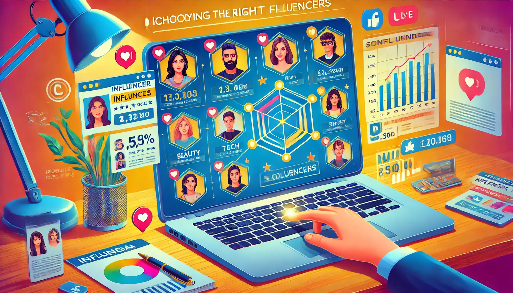 An illustration showing the process of identifying the right influencers, with a laptop displaying social media analytics and influencer profiles in different niches like beauty, tech, and fitness.