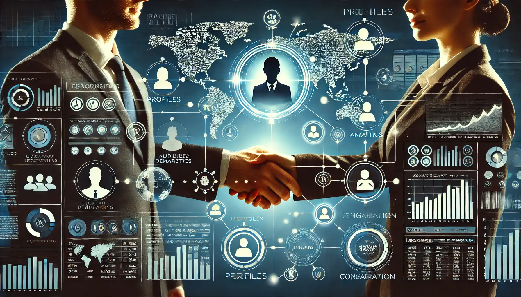 Image showing two people in a handshake with a digital backdrop of profiles, analytics, and connection nodes symbolizing collaboration.