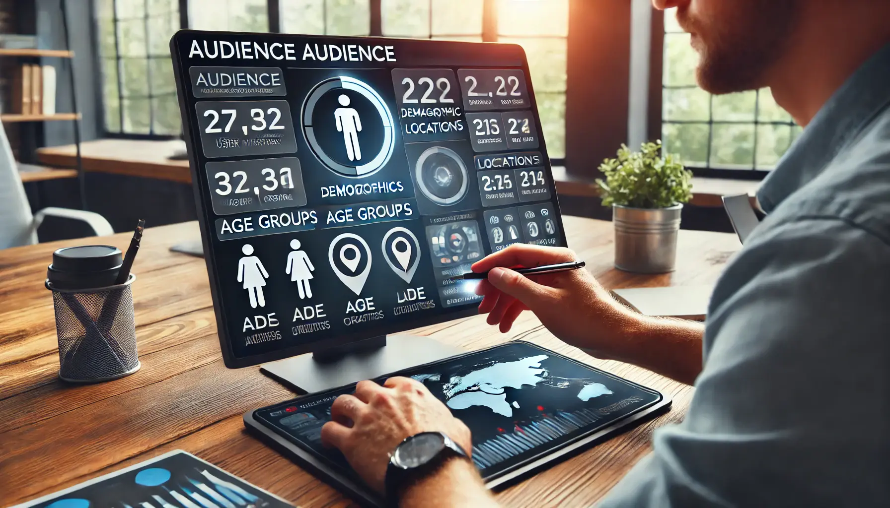 A digital marketer analyzing audience data, including demographics and location information on a computer screen in a modern office.