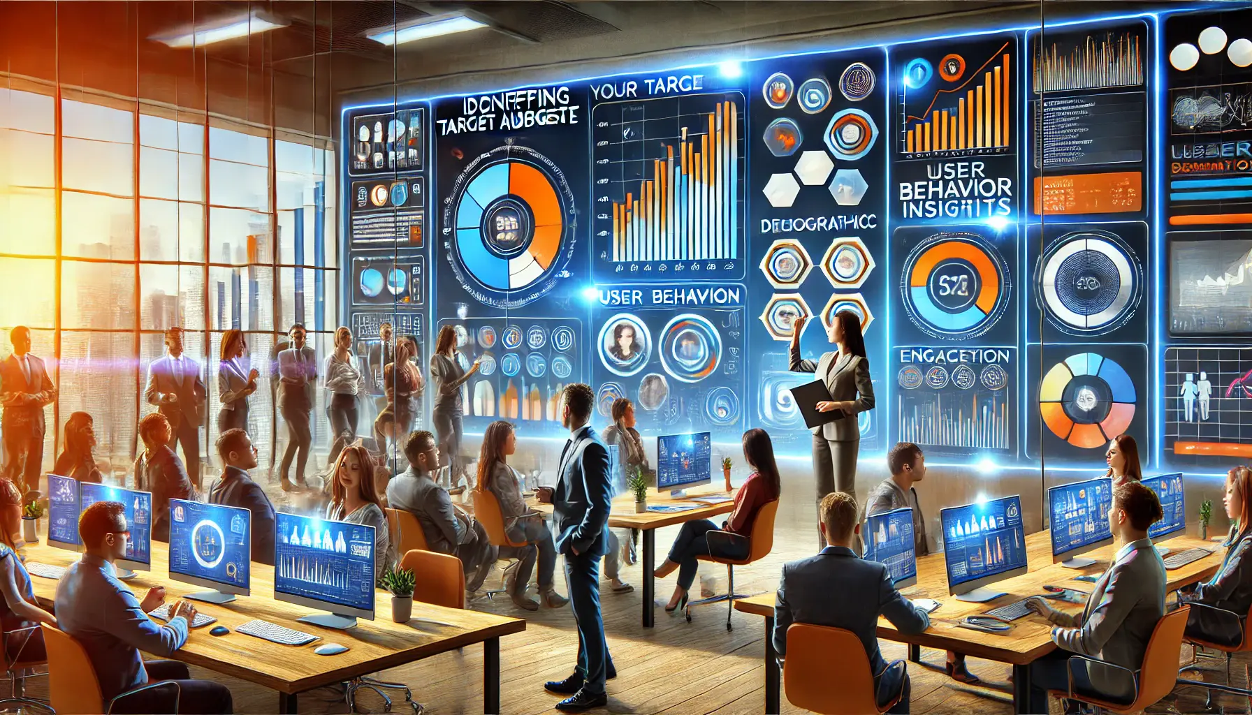 A marketing analyst reviewing audience data on a large digital dashboard with demographic charts and engagement metrics.