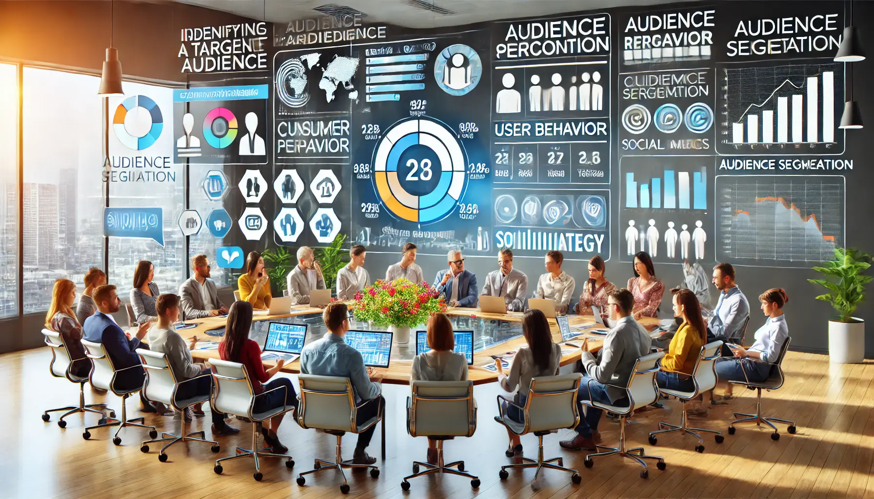 A marketing team analyzing audience demographic data and segmentation charts on a large screen in a modern office.