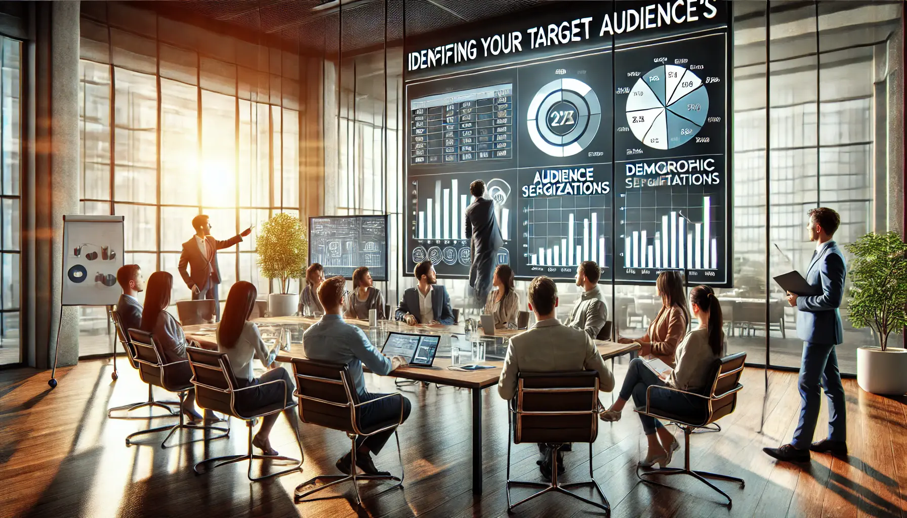 A marketing team in a modern office, analyzing audience segmentation charts and demographic graphs on a large screen.