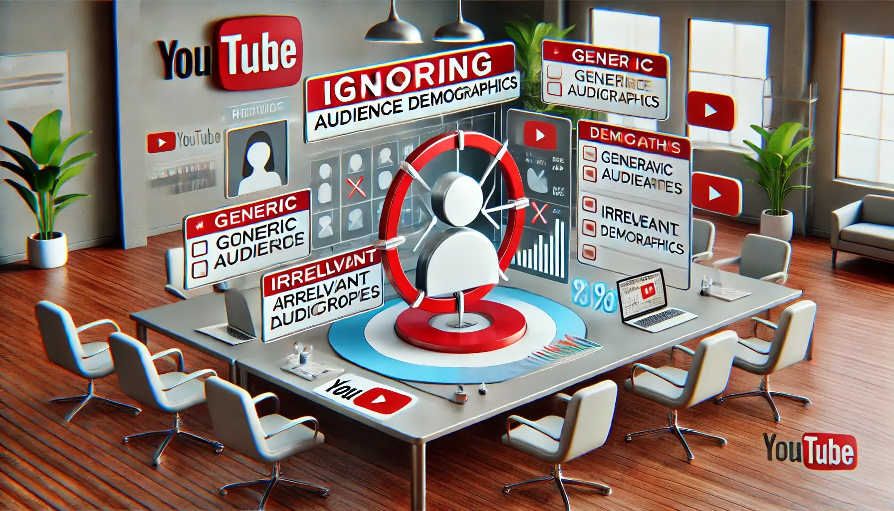 An illustration showing a digital workspace with a targeting interface that highlights audience demographics being ignored, represented by a generic profile or misaligned audience segments.