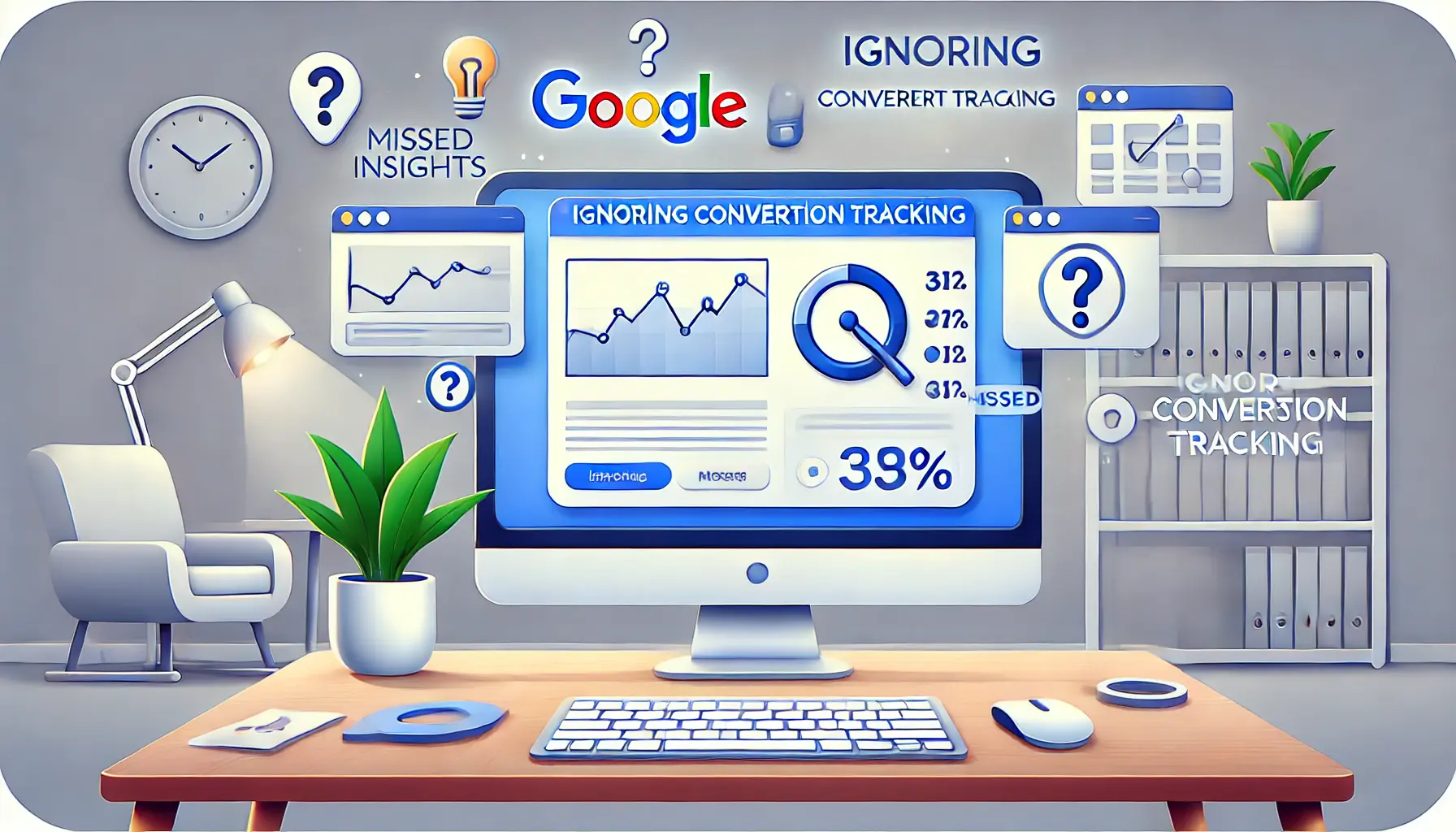 A computer screen displaying a Google Ads campaign with no visible conversion tracking data, surrounded by symbols of missed insights like a blurred graph and broken link.