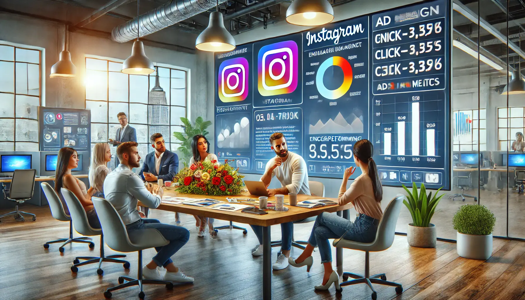 A digital marketing team discussing an Instagram ad campaign while ignoring key performance metrics displayed on a large screen.