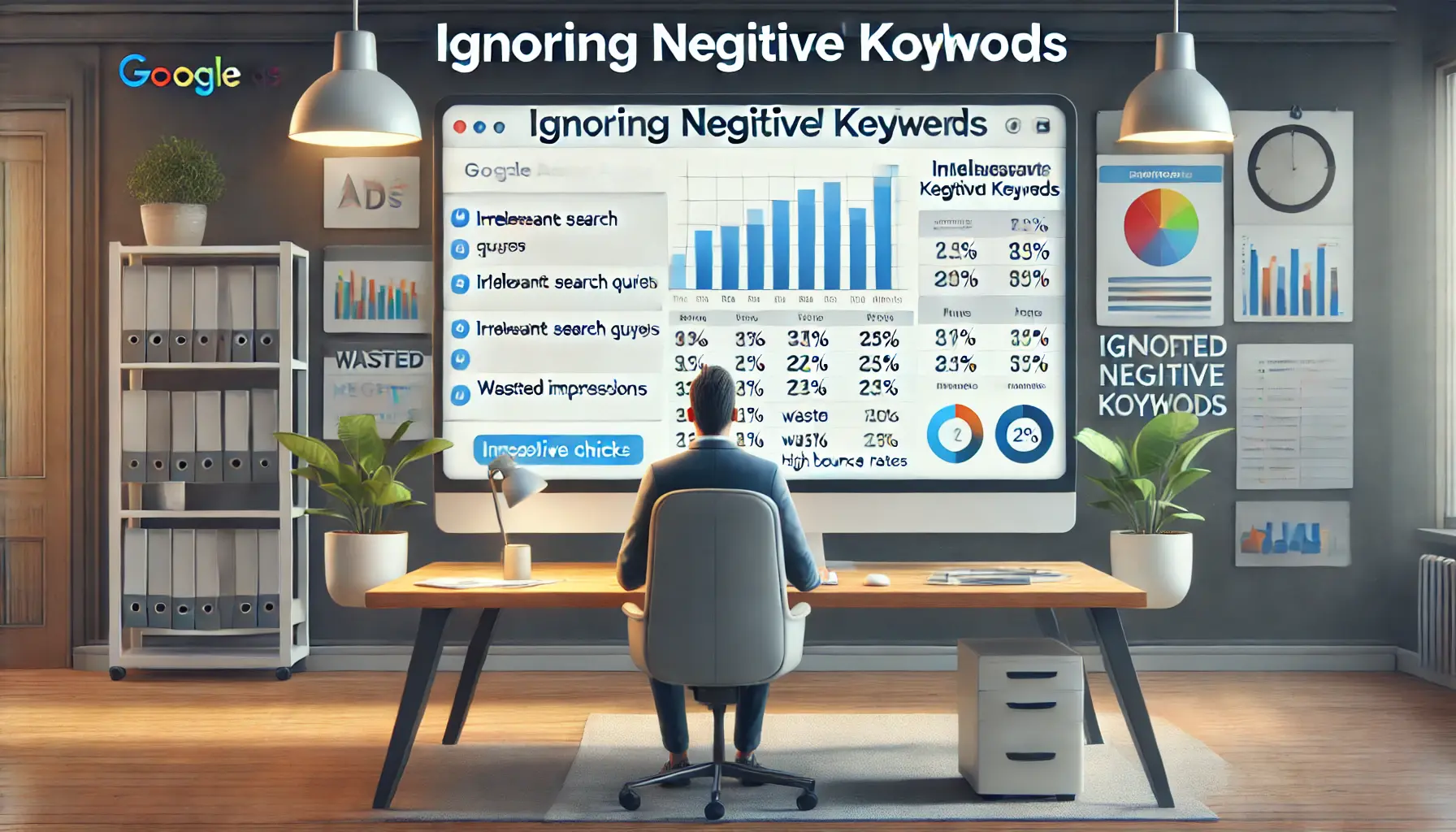 A digital marketer analyzing a dashboard with ineffective keyword performance due to ignored negative keywords.