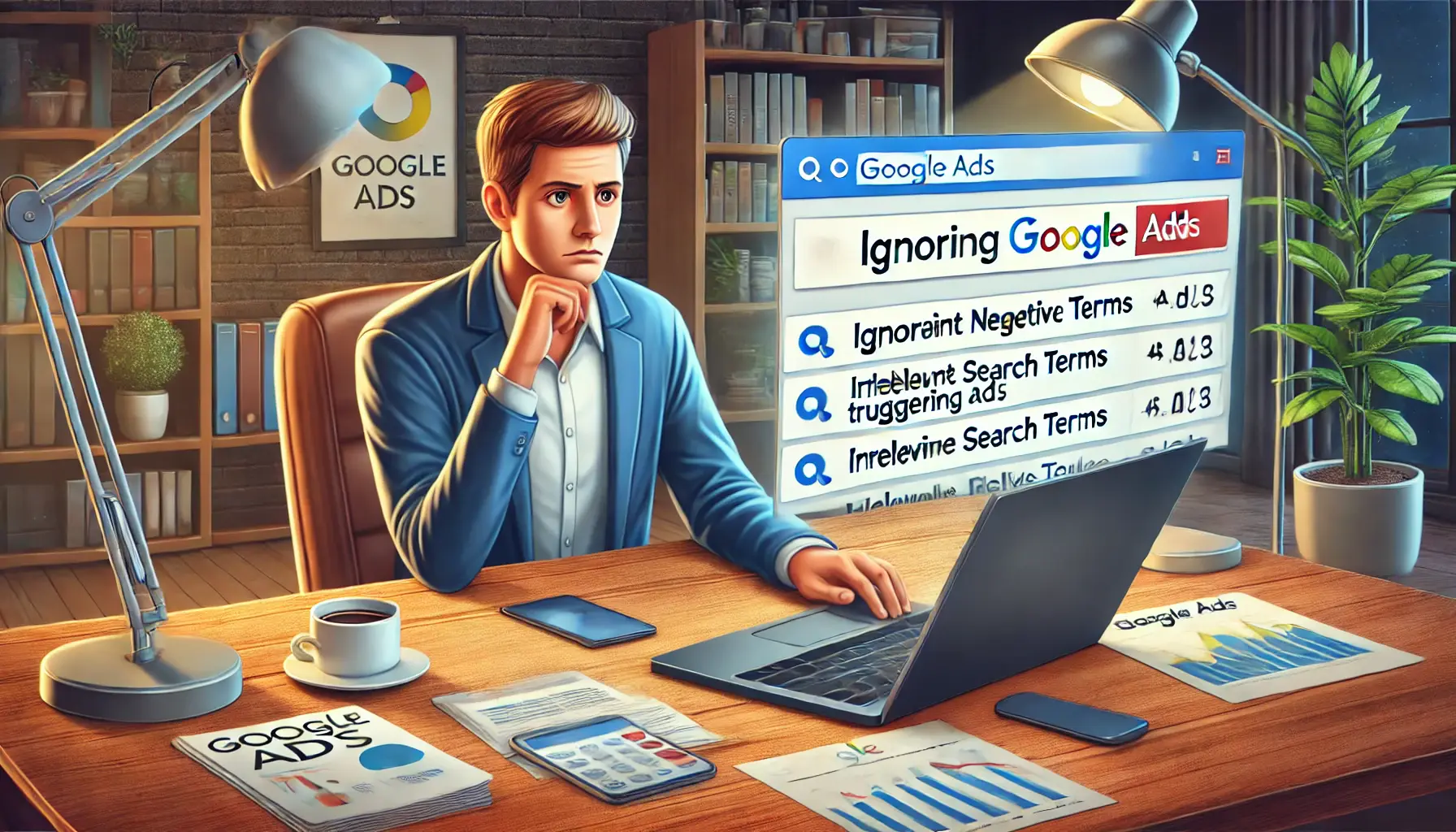 A digital marketing professional analyzing a Google Ads dashboard with irrelevant search terms triggering ads, looking concerned.