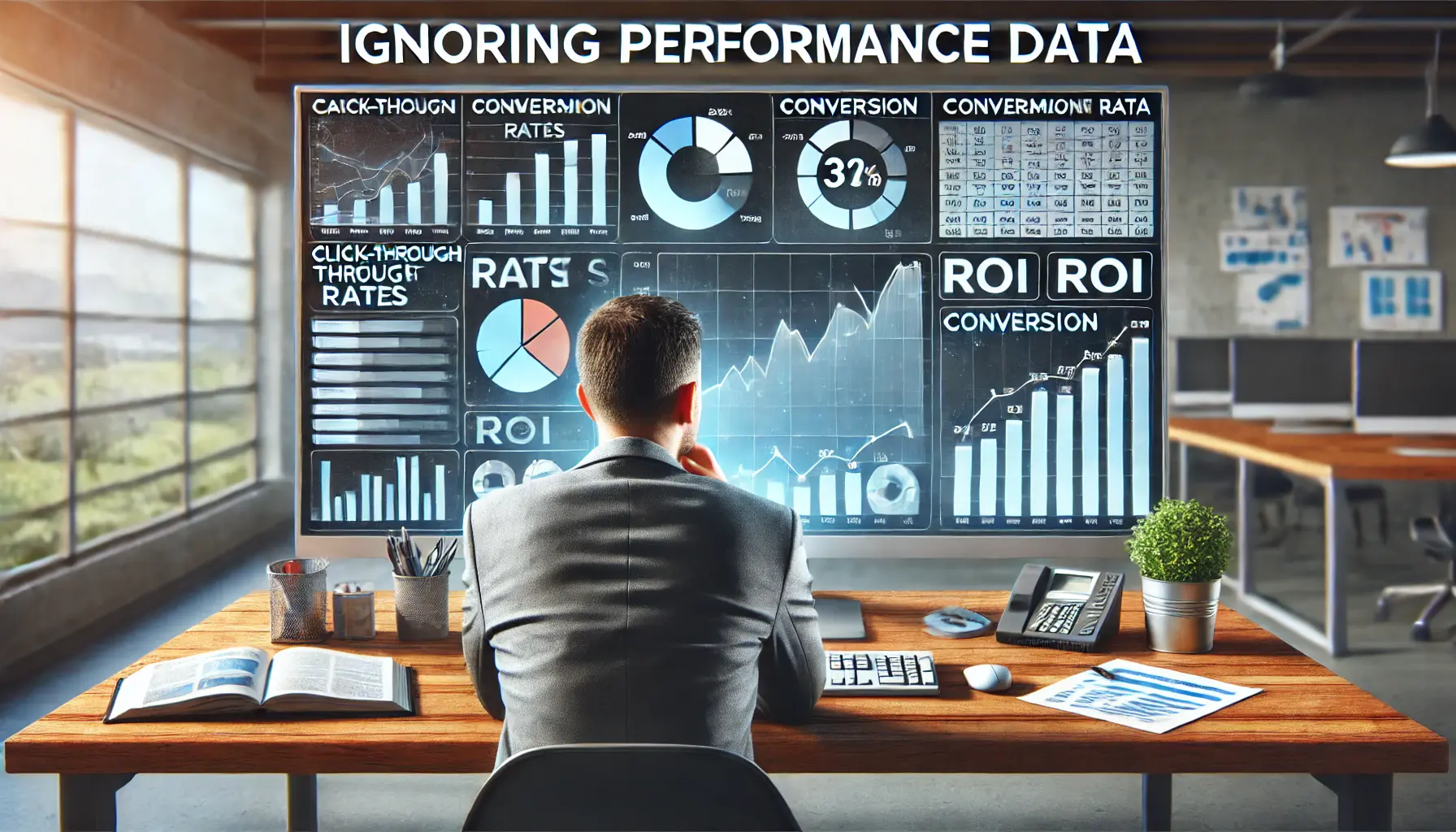 A digital marketing professional overlooking a computer screen displaying declining or stagnant campaign performance metrics like click-through rates and conversion rates.