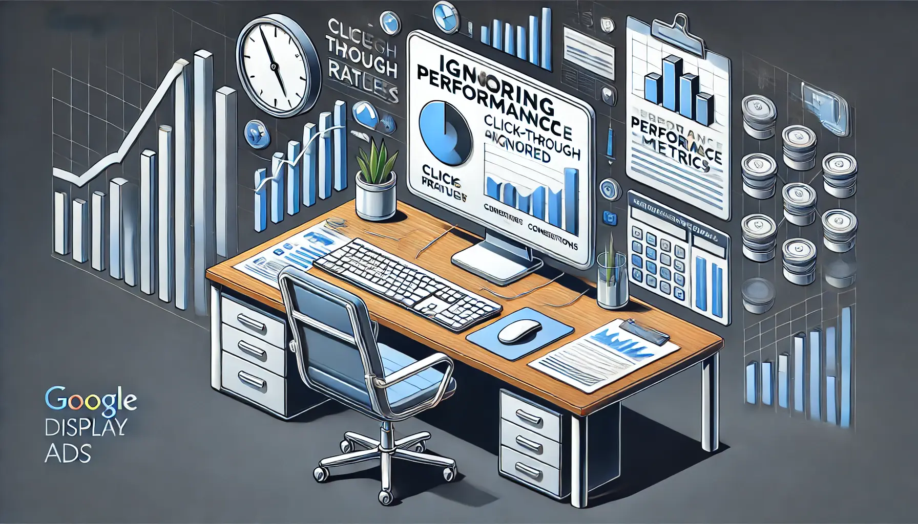 A professional workspace with a computer screen displaying incomplete or ignored performance data, surrounded by performance charts and missed opportunity indicators.