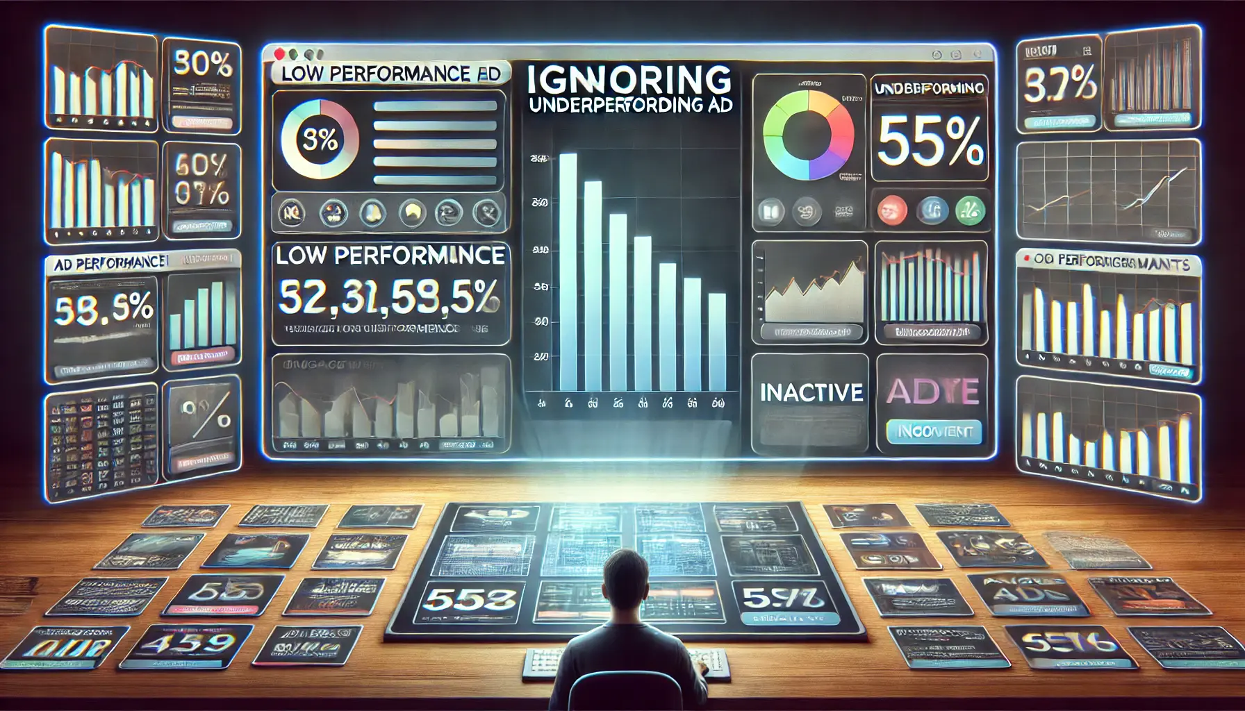 A digital dashboard with an underperforming ad shown with low performance indicators, contrasted with active and vibrant high-performing ads.