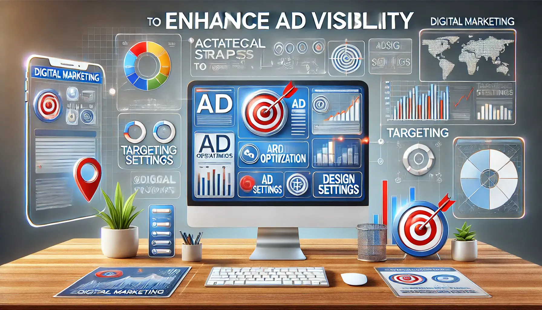 Digital illustration of a digital marketing workspace with a computer screen displaying strategies like ad optimization, targeting settings, and design enhancements.