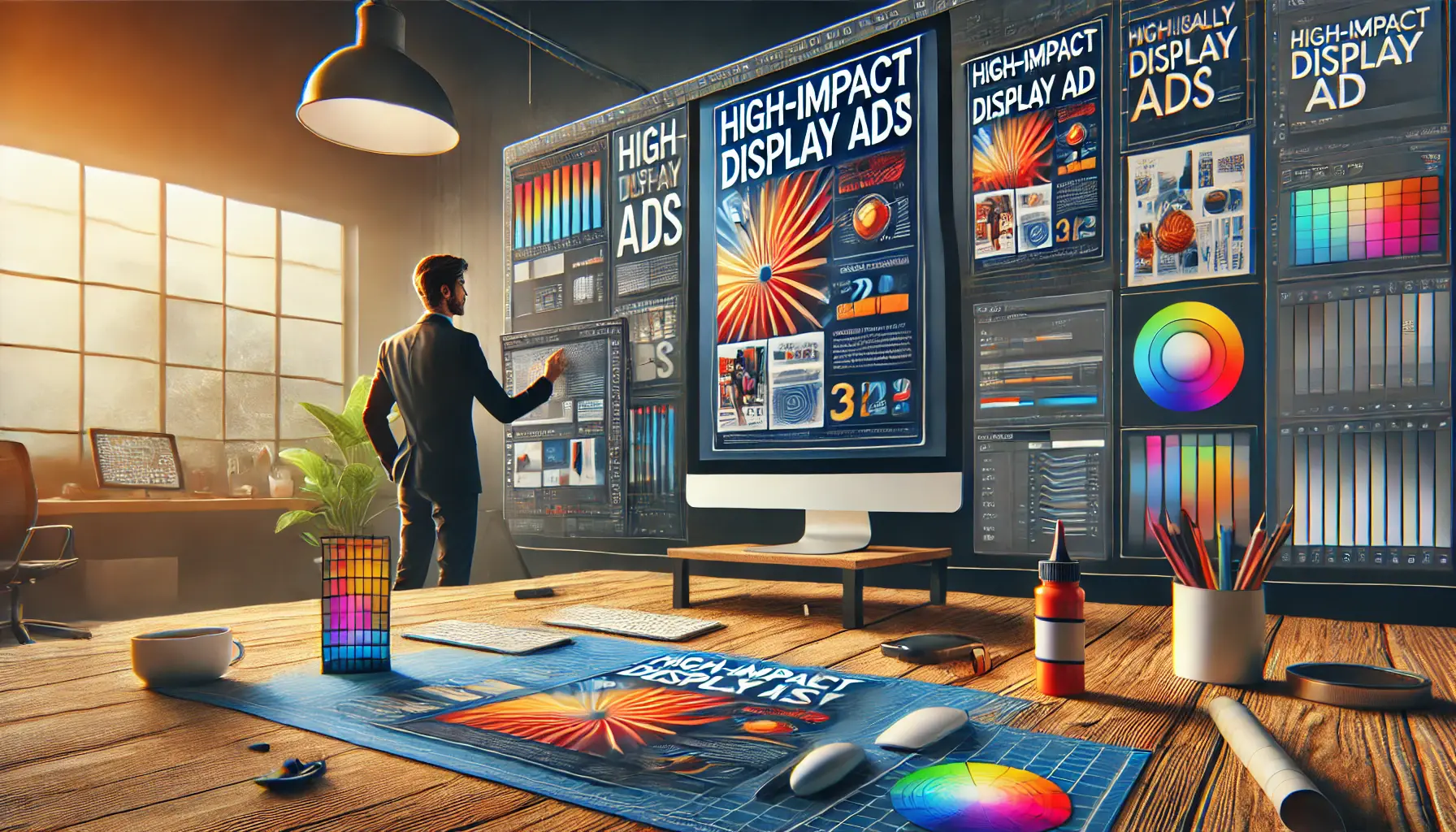 Digital illustration of a designer fine-tuning a high-impact display ad on a computer screen, surrounded by design tools and references.