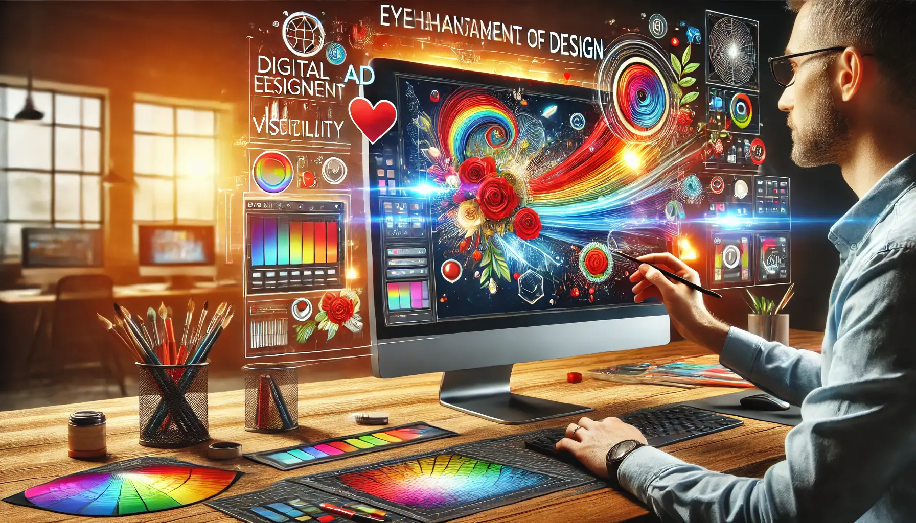 Digital illustration of a designer working on a computer, adjusting colors and images for ad visibility enhancement.