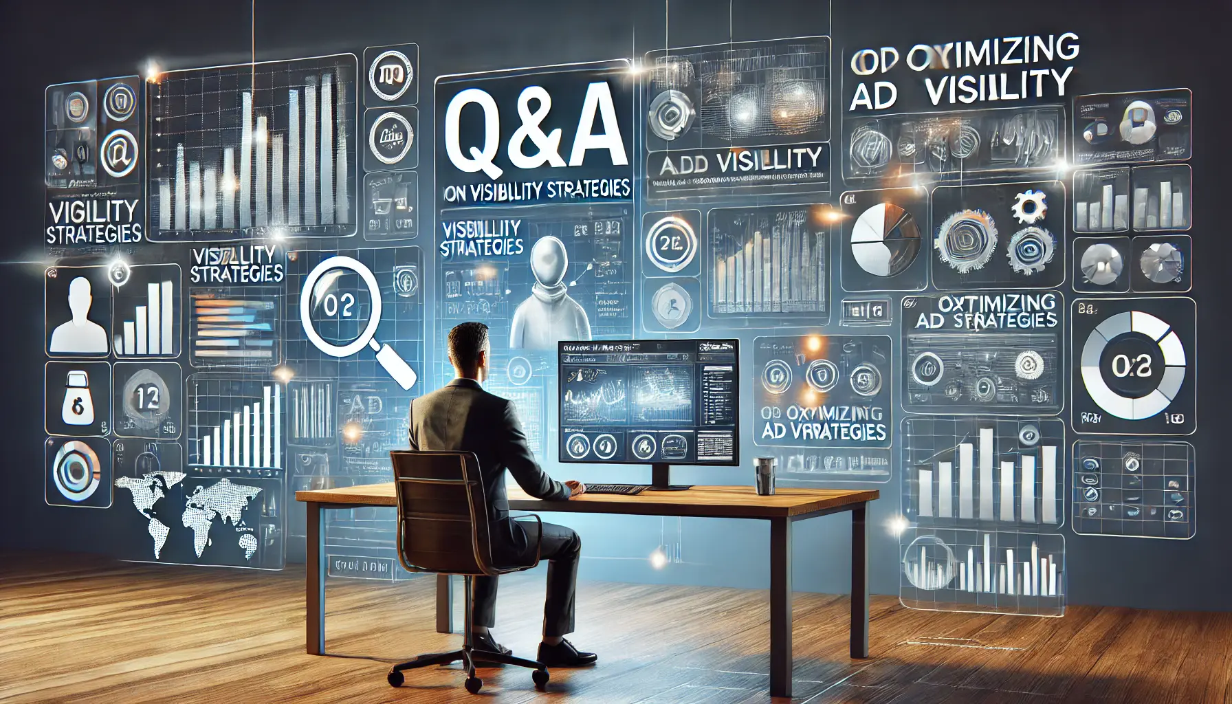 Digital illustration of a modern digital workspace with screens displaying graphs, charts, and performance metrics, symbolizing a Q&A session on visibility strategies.