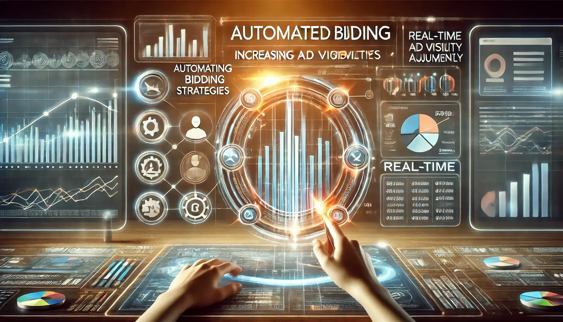 Digital illustration of a person interacting with an automated bidding interface, with graphs and icons representing real-time bidding adjustments.