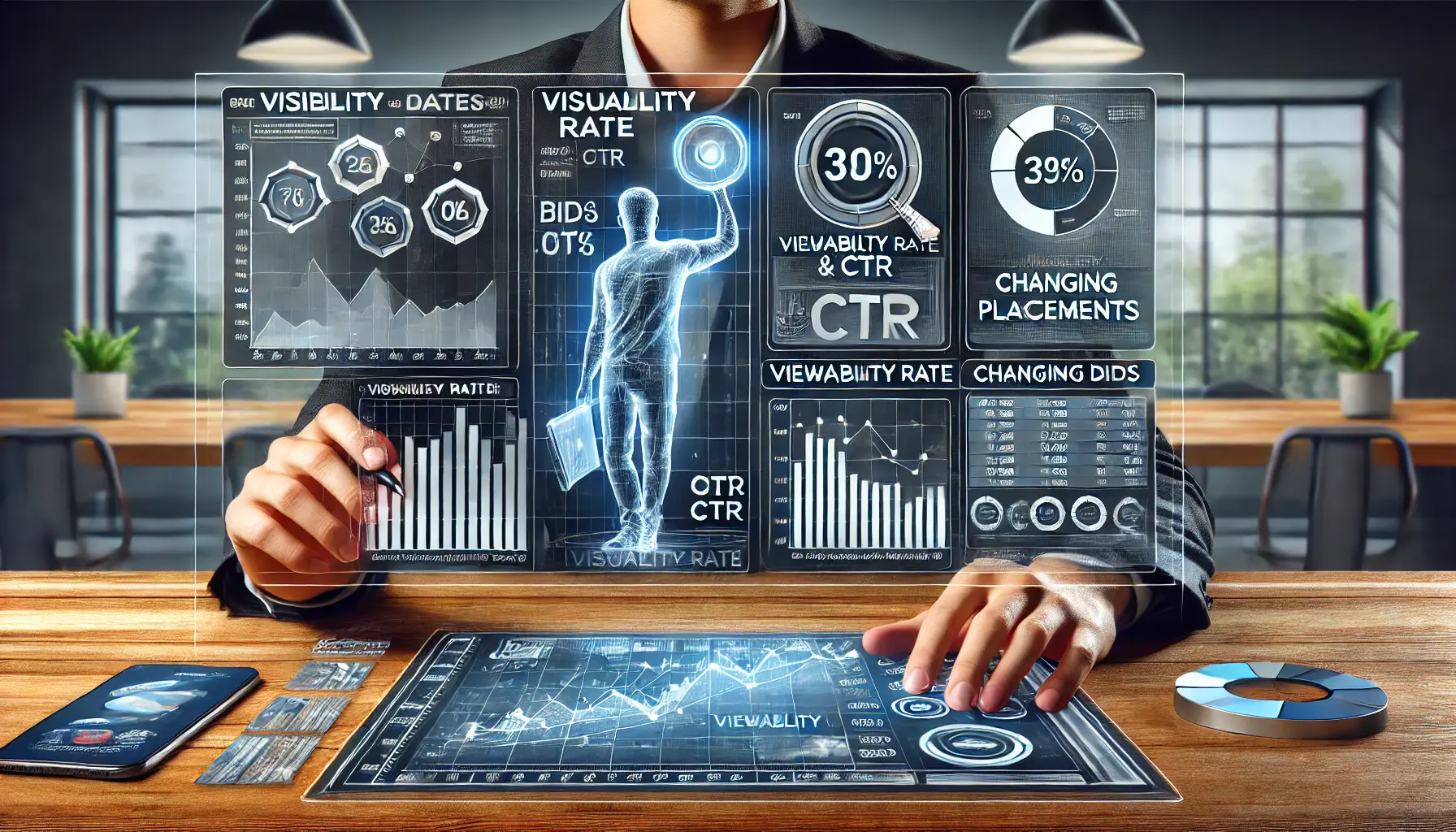 Digital illustration of a person adjusting a digital ad campaign interface, making modifications based on visibility metrics like CTR and viewability rate.