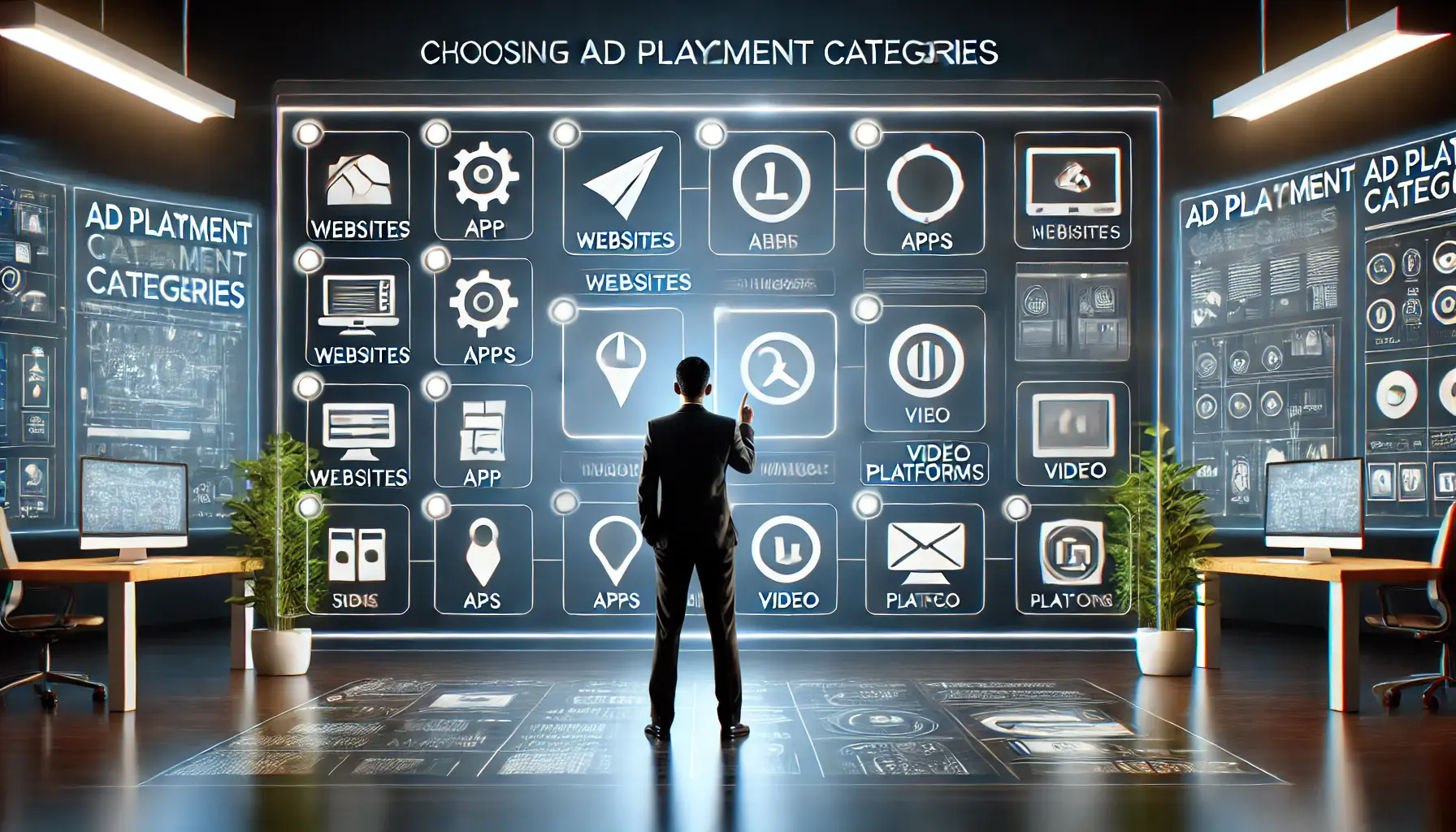 Digital illustration of a person selecting ad placement categories on a touchscreen interface showing websites, apps, and videos.