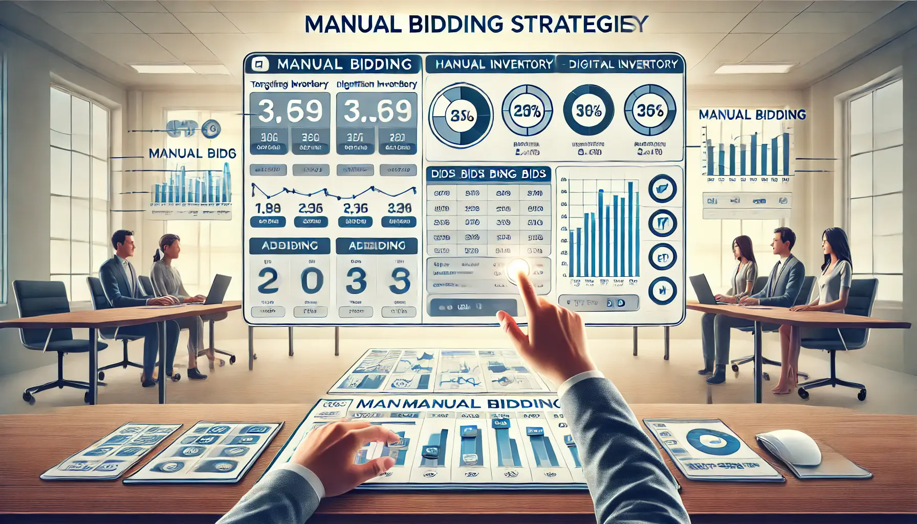 Digital illustration of a user interacting with a bidding dashboard, adjusting settings for high-visibility ad placements across different platforms.