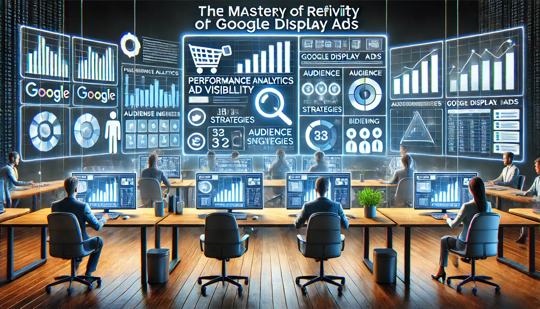 Digital illustration of a modern digital workspace with multiple screens displaying ad metrics, placement strategies, and performance analytics.