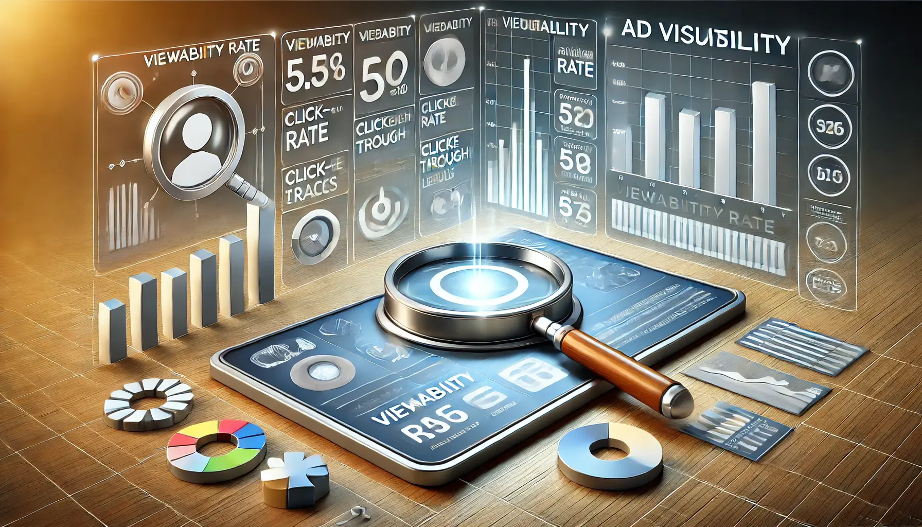 Digital illustration of a sleek dashboard interface displaying ad visibility metrics like viewability, CTR, and engagement, surrounded by analytics icons.