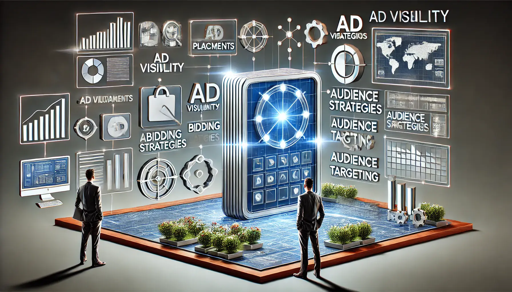 Digital illustration of a digital workspace with building blocks representing ad visibility components like placements, bidding strategies, audience targeting, and design.