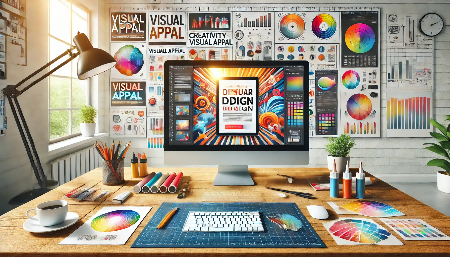 Digital illustration of a designer's workspace with a striking ad on a computer screen, surrounded by design tools like color palettes and editing software.