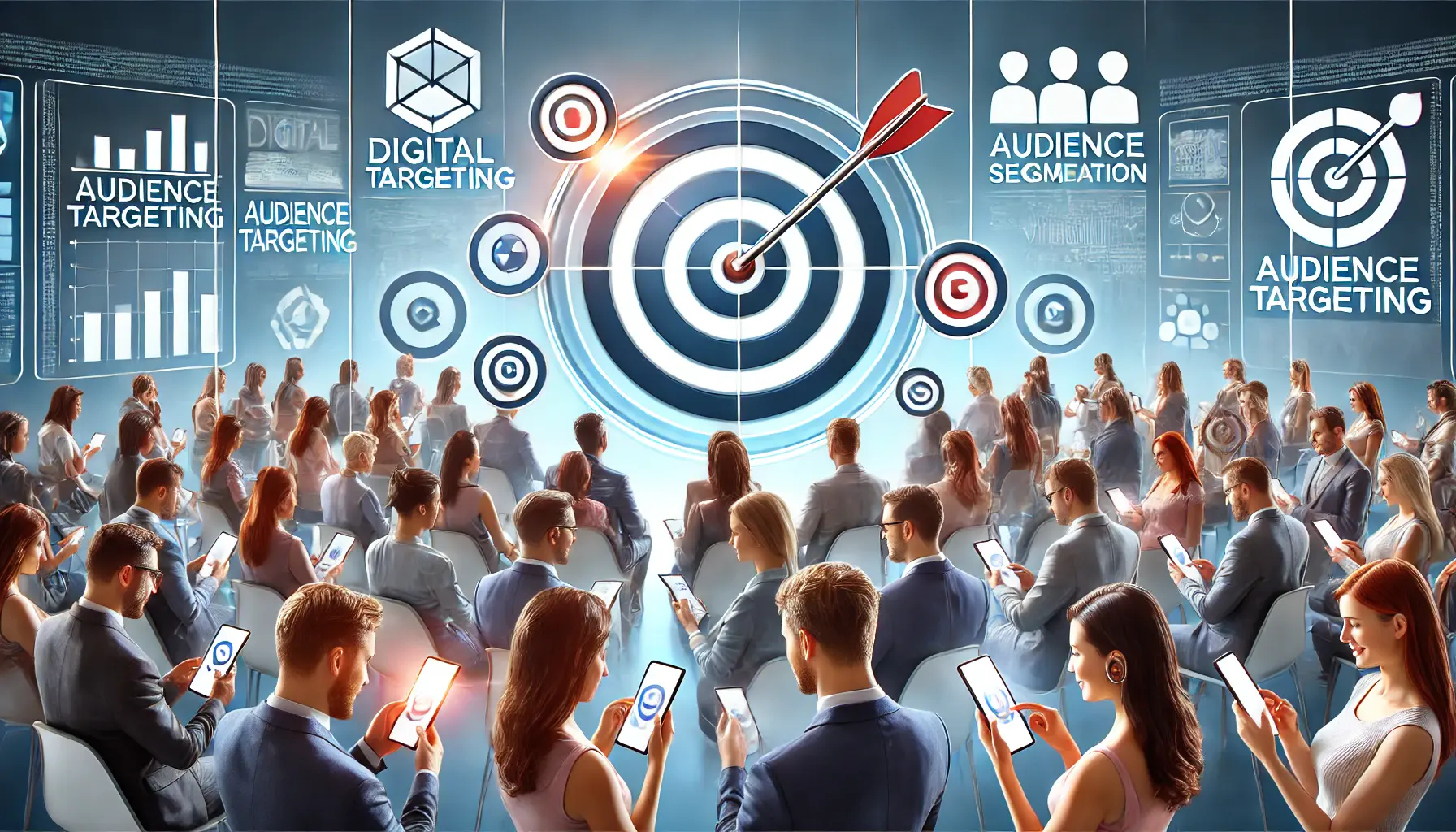 Digital illustration of diverse individuals with smartphones and computers surrounded by targeting icons, symbolizing audience segmentation in ad visibility.