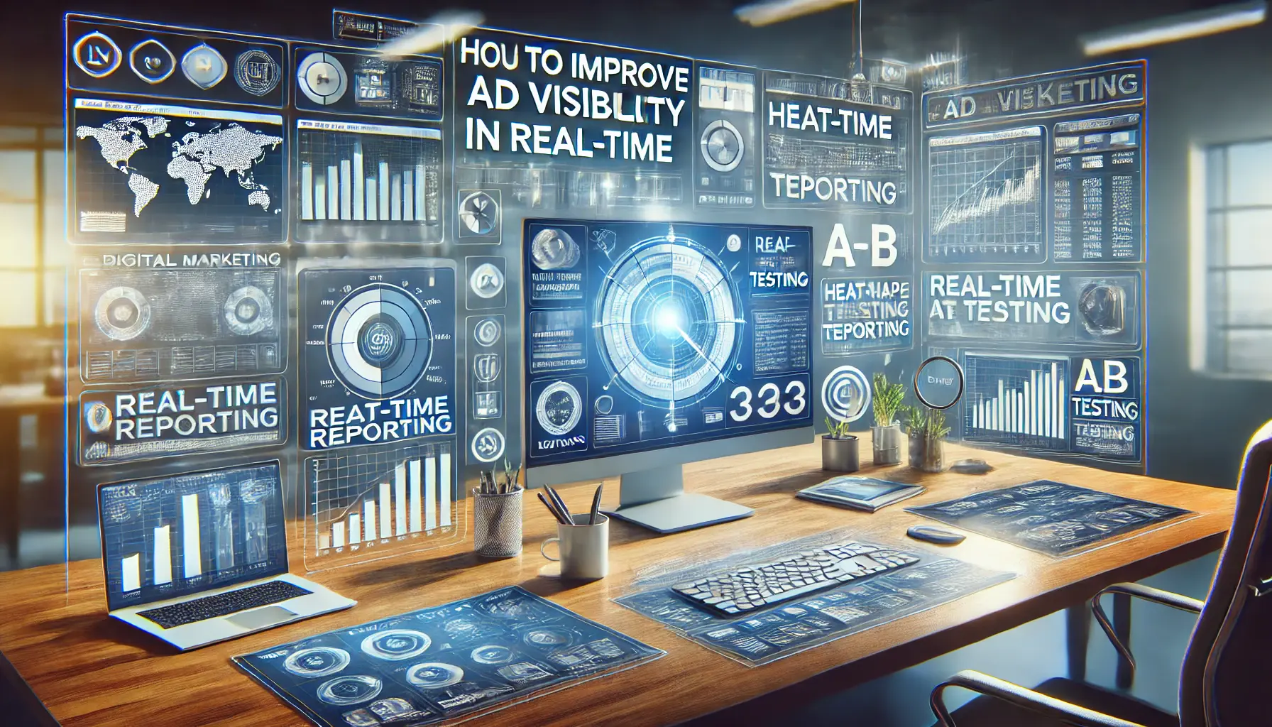 Digital illustration of a modern digital marketing workspace with multiple screens displaying real-time ad visibility metrics, performance dashboards, and analytics tools.