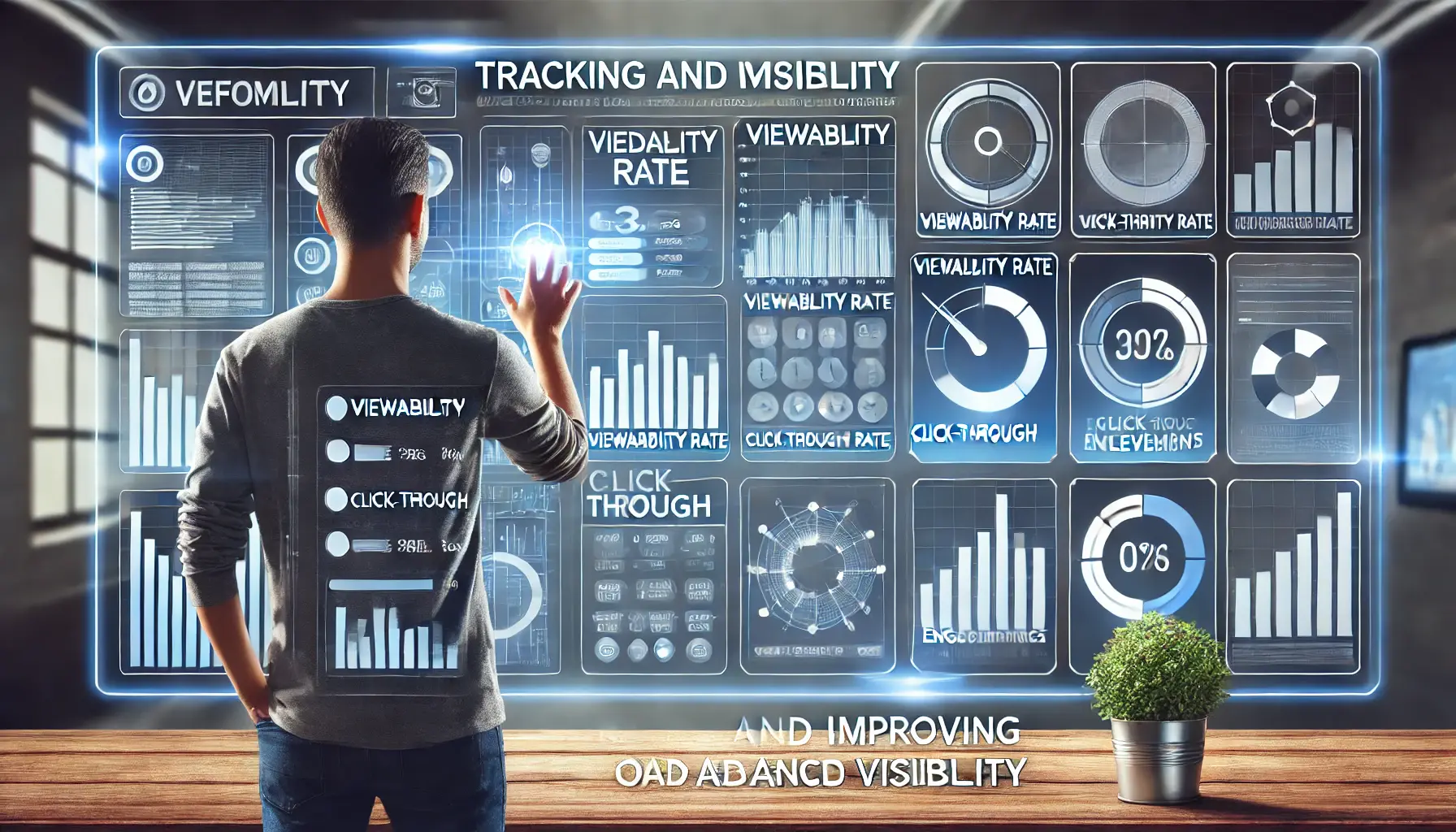 Digital illustration of a person interacting with a performance tracking dashboard showing ad visibility metrics and graphs.