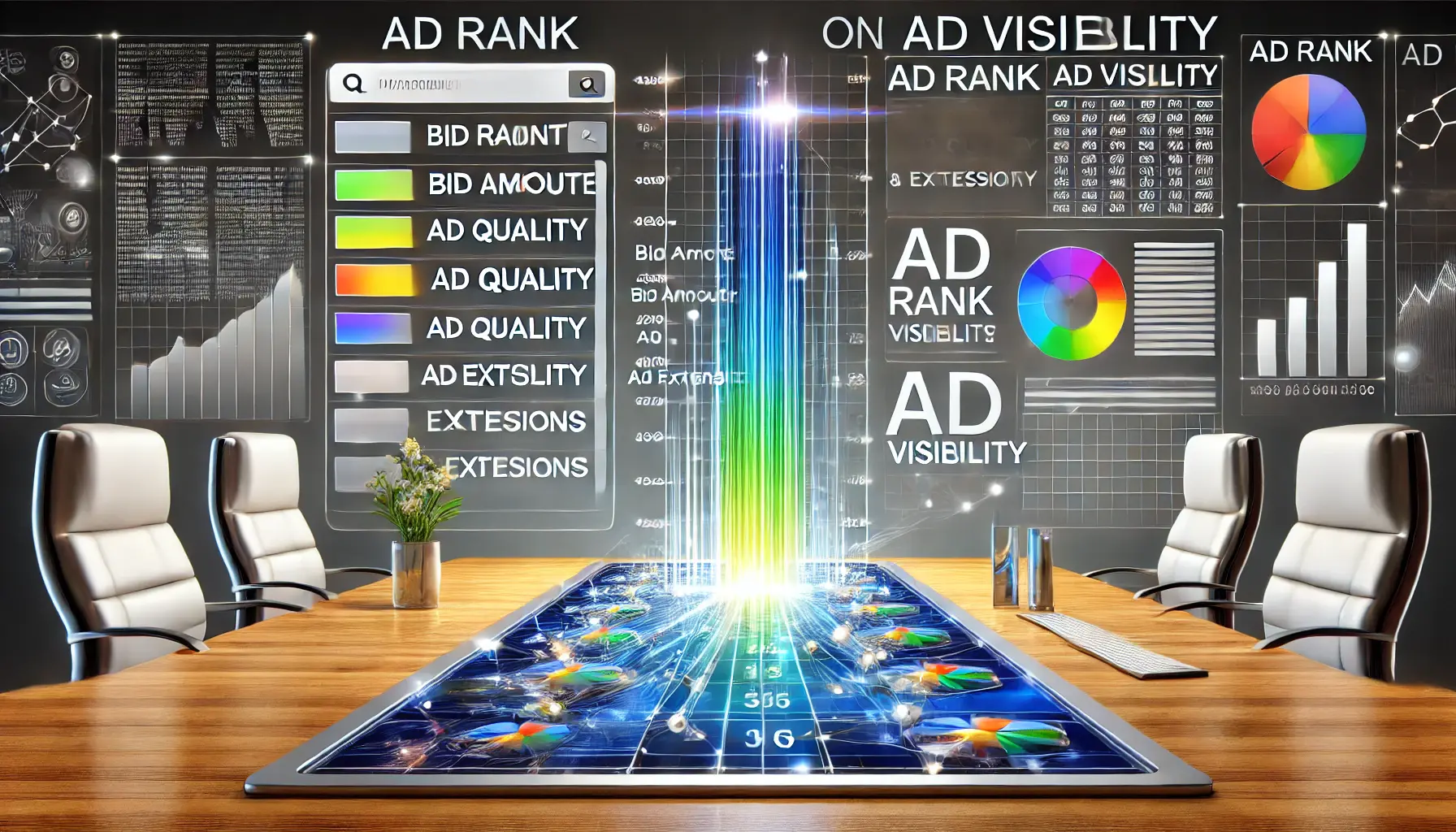 Digital illustration of an advertising dashboard showing ad positions based on Ad Rank with varying levels of visibility.