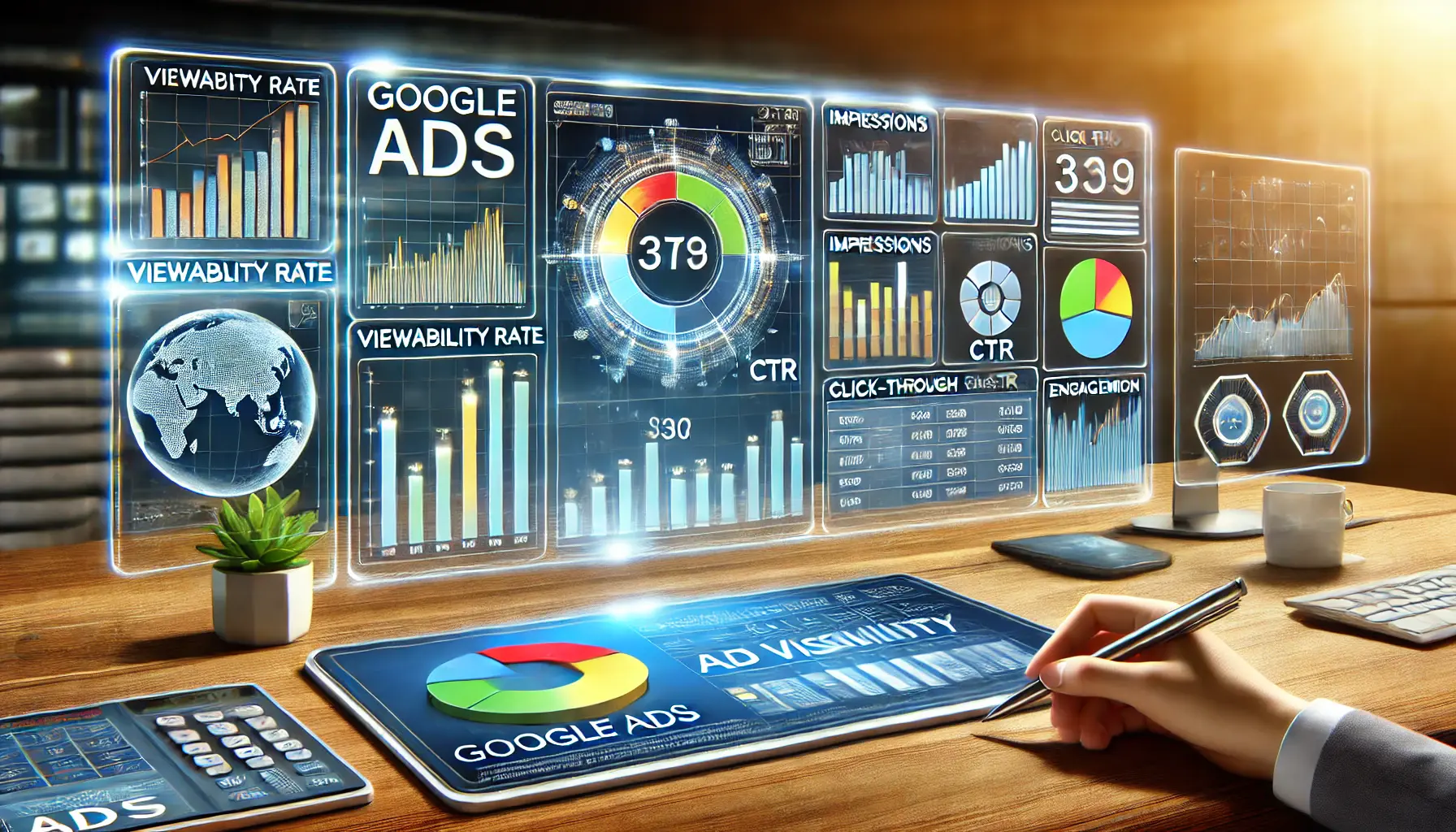 Digital illustration of a dashboard displaying Google Ads performance metrics such as viewability rate, CTR, and engagement statistics.