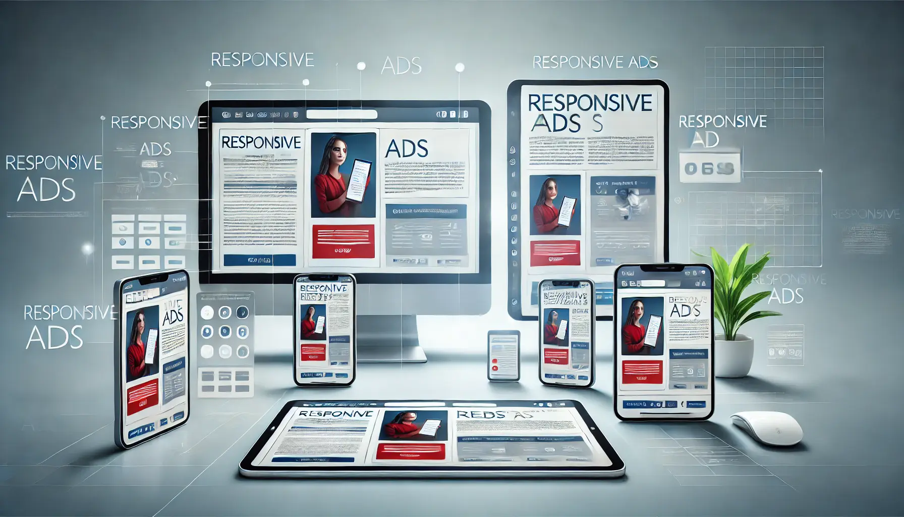 Digital illustration of a responsive ad displayed across multiple devices, including smartphone, tablet, and computer.