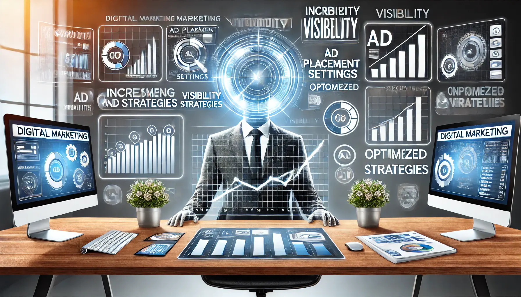 Digital illustration of a modern digital marketing workspace with multiple screens displaying graphs and performance metrics for optimized ad visibility.