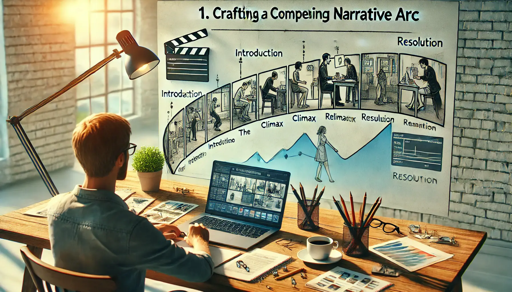 A creative director working at a desk with a storyboard showing a clear narrative arc, including scenes of character progression and emotions.